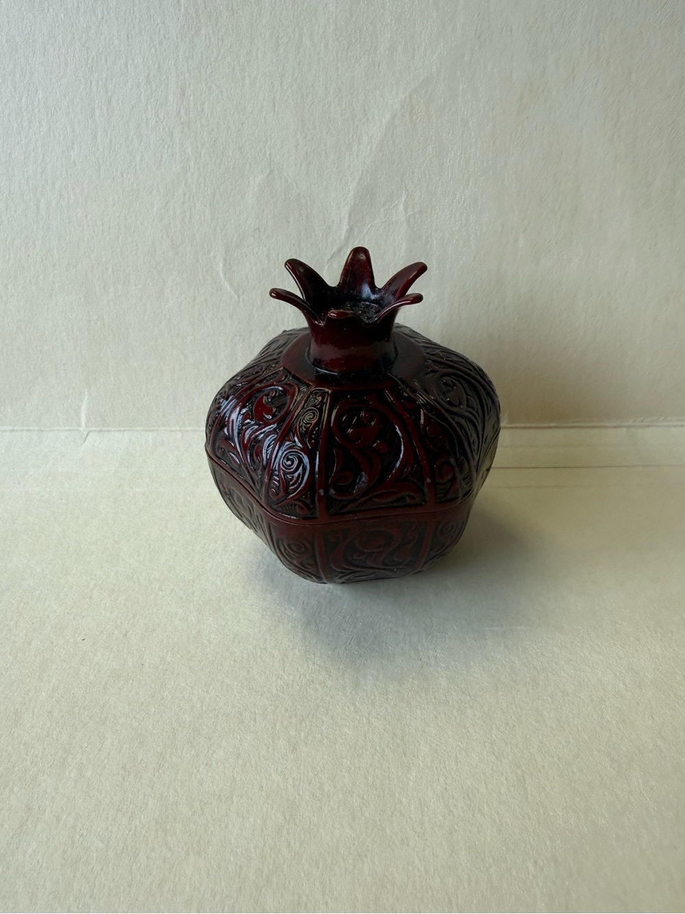 Vintage Acar ISO 9001 Turkey Burgundy Red Metal Pomegranate Trinket Box.